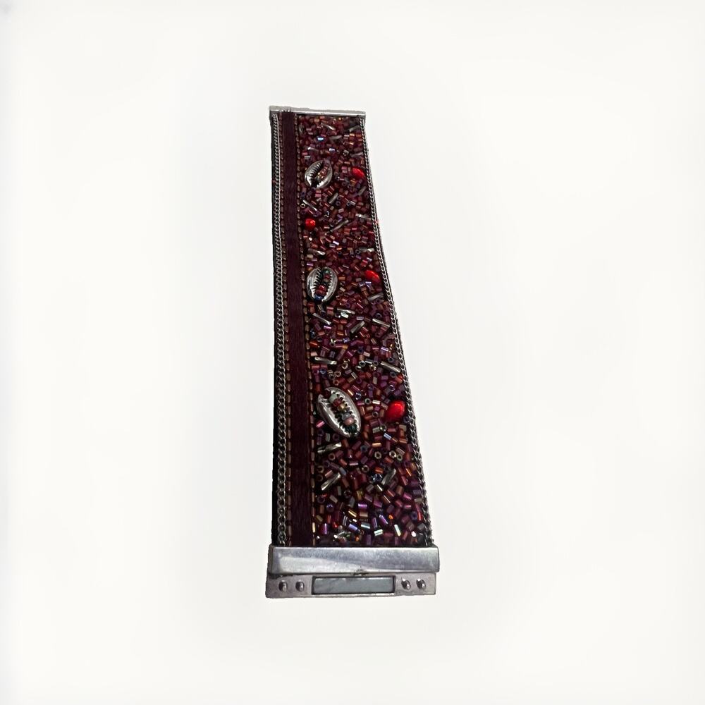 Italian Leather Bangle Cuff Bracelet Beaded Red Inlay Crystal Handmade